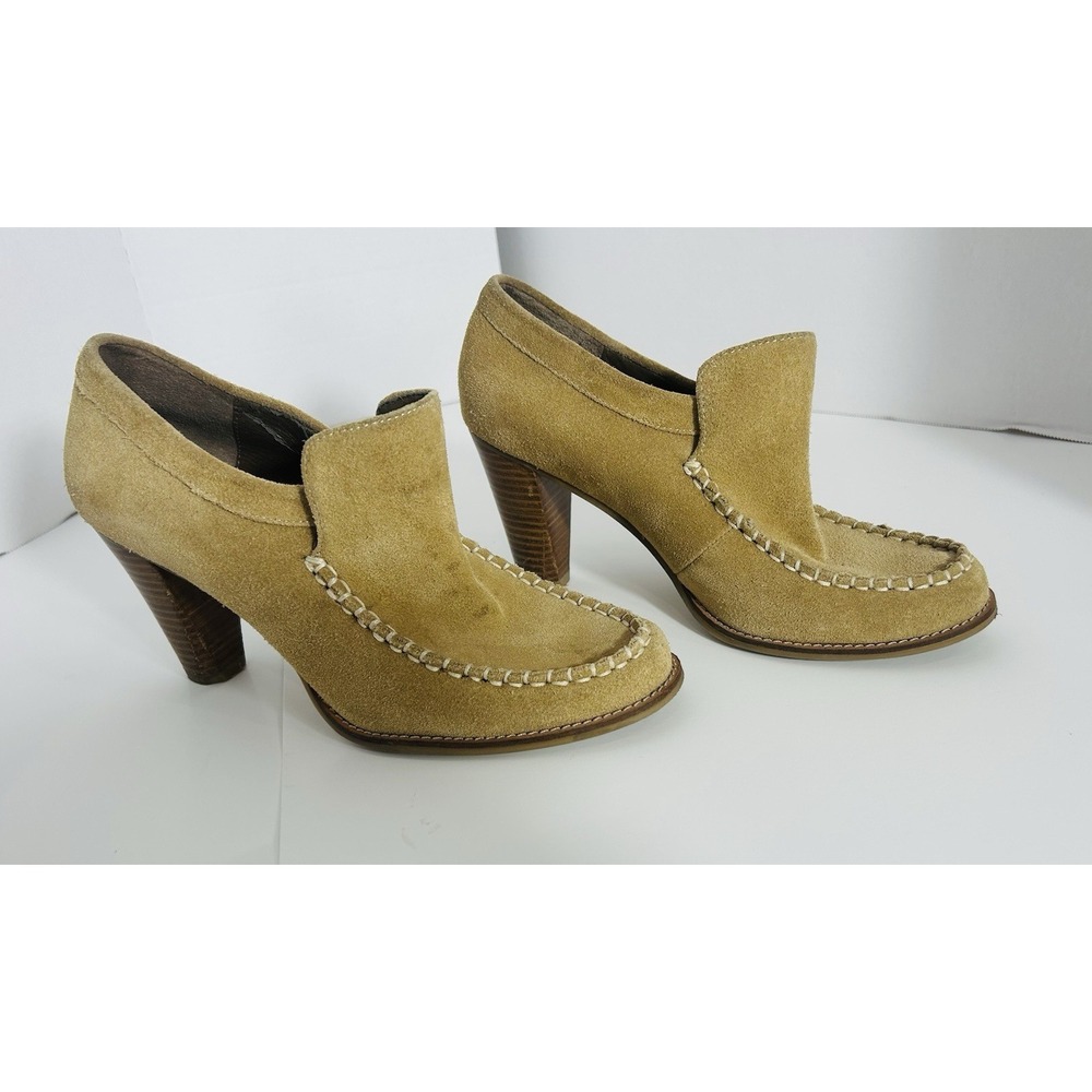 B. Makowsky Womens Vintage Suede Chunky Wood Heel Booties size 8 Boho Neutral